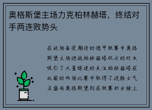 奥格斯堡主场力克柏林赫塔，终结对手两连败势头